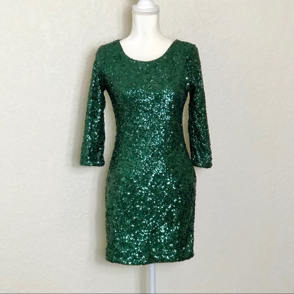 Emerald Green Sequin Bodycon Dress - Picture 3 of 7